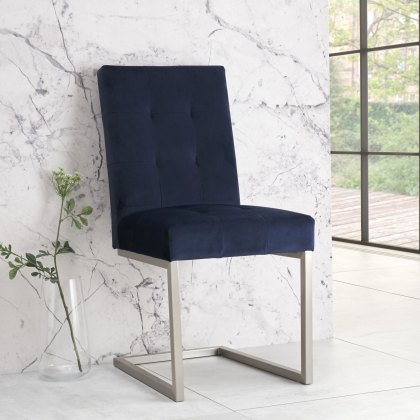 Pair of Tivoli Upholstered Cantilever Chairs - Dark Blue Velvet by Bentley Designs Pair of Tivoli Upholstered Cantilever Chairs - Dark Blue Velvet by Bentley Designs