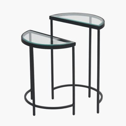 Marazzi S/2 Bevelled Glass & Black Metal Half Moon Side Tables Marazzi S/2 Bevelled Glass & Black Metal Half Moon Side Tables