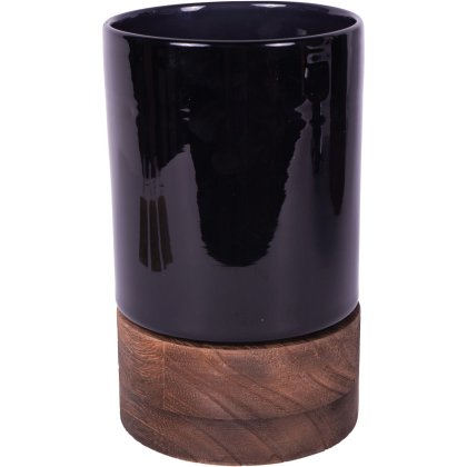 Noir Glass Hurricane With Wooden Base 20.5cm Noir Glass Hurricane With Wooden Base 20.5cm