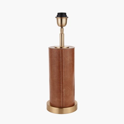 Tan Leather and Brass Cylindrical Table Lamp Tan Leather and Brass Cylindrical Table Lamp