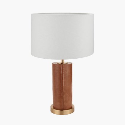 Tan Leather and Brass Cylindrical Table Lamp Tan Leather and Brass Cylindrical Table Lamp