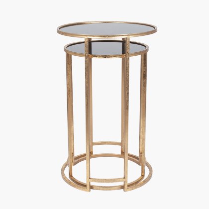 Antique Gold Metal and Black Glass Side Tables Antique Gold Metal and Black Glass Side Tables