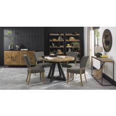 Indus Rustic Oak 4 Seater Circular Table & 4 Indus Upholstered Chairs Set by Bentley Designs Indus Rustic Oak 4 Seater Circular Table & 4 Indus Upholstered Chairs Set by Bentley Designs