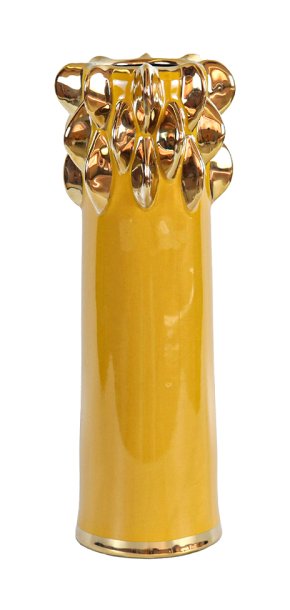 28.5cm Yellow Ceramic Vase With Chunky Gold Design 28.5cm Yellow Ceramic Vase With Chunky Gold Design